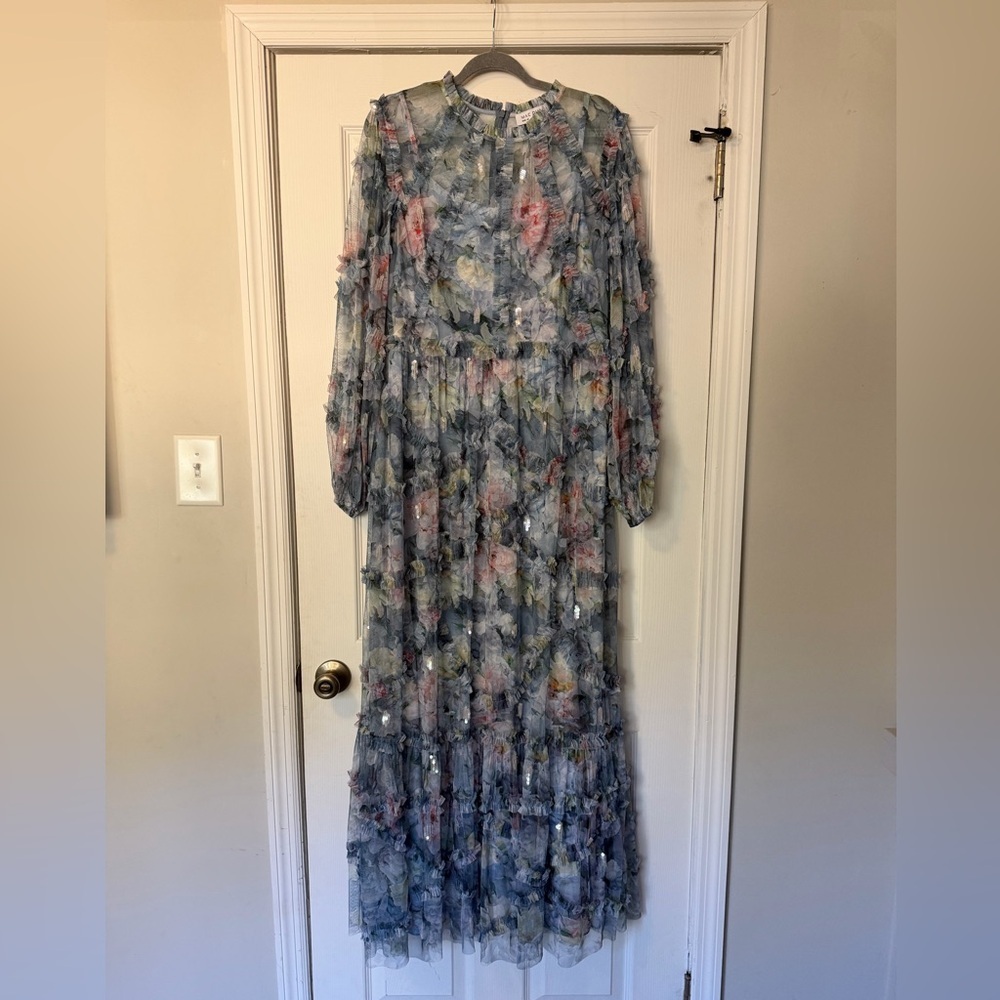 Mac Duggal #8098 Platinum Multi Blue Floral Long Sleeve Dress